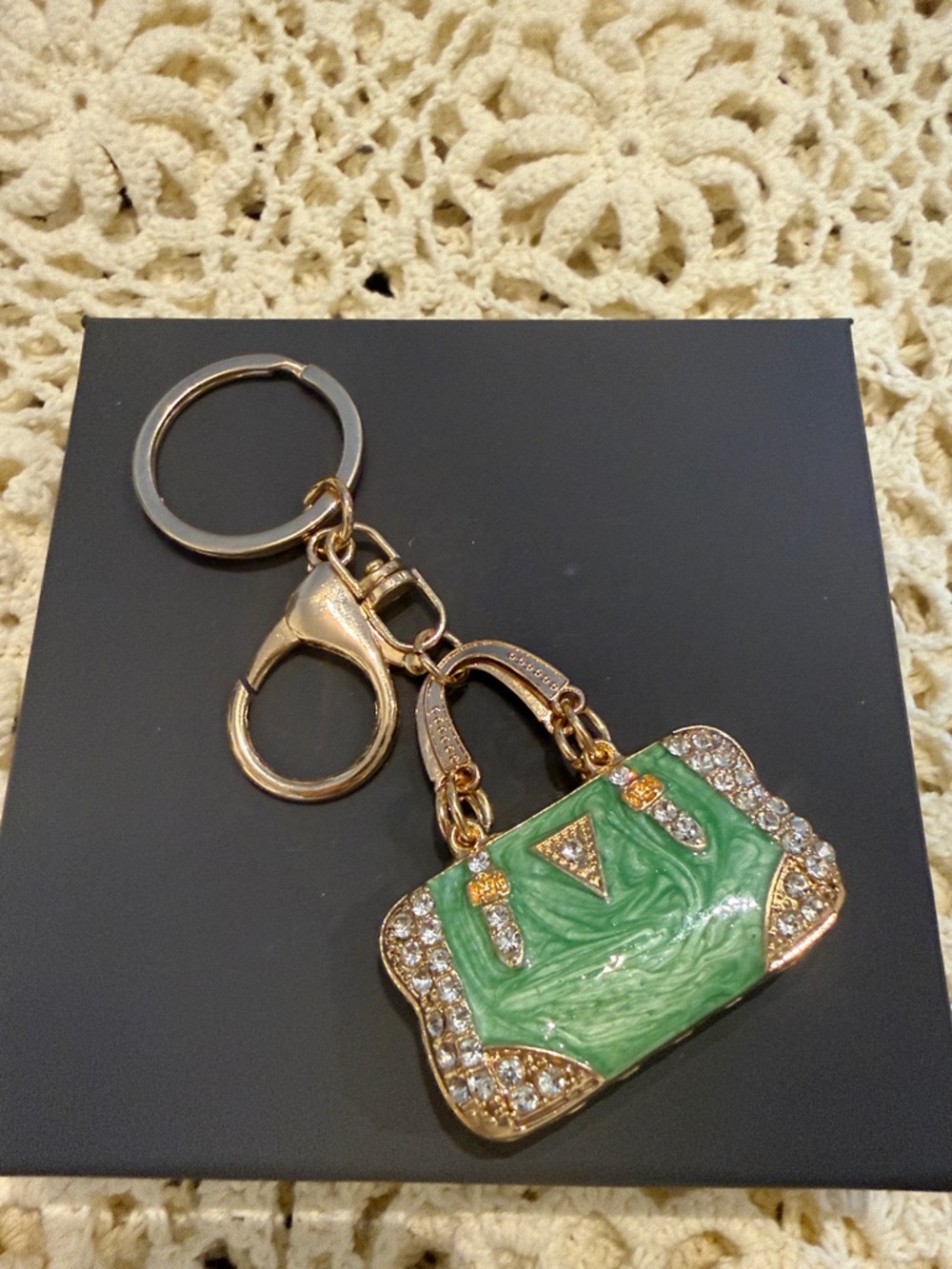 Gold-Tone Green Enamel Handbag Keychain with Crystals